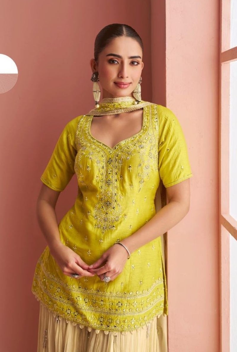 ANAITA Yellow Chinon Free Size Stitched Suit with Embroidery Work - Image 3