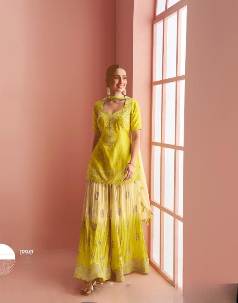 ANAITA Yellow Chinon Free Size Stitched Suit with Embroidery Work - Image 1