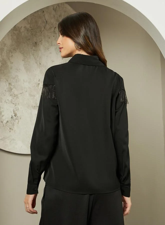 Styli Suede Look Spread Collar Shirt with Fringes Detail