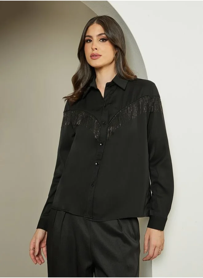 ستايلي Suede Look Spread Collar Shirt with Fringes Detail