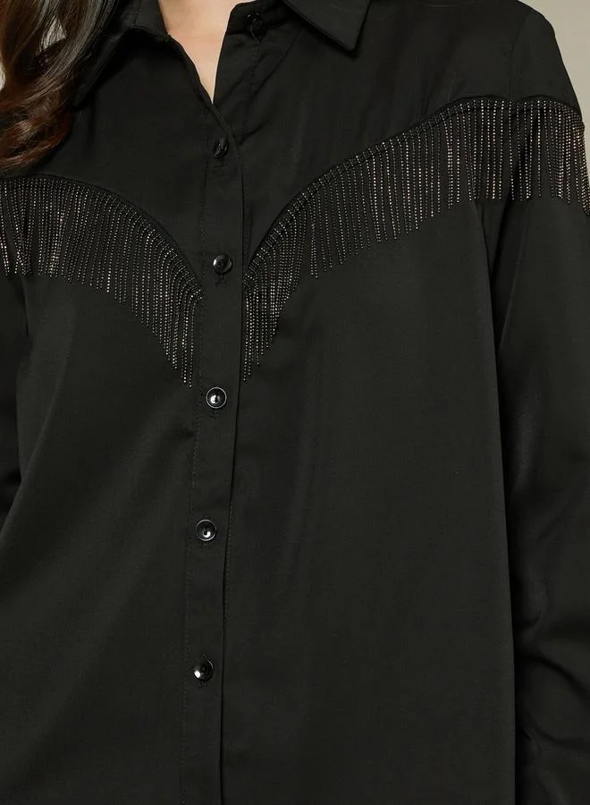 Styli Suede Look Spread Collar Shirt with Fringes Detail