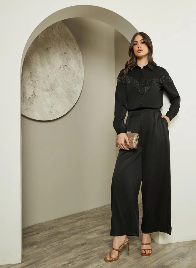 Styli Suede Look Spread Collar Shirt with Fringes Detail