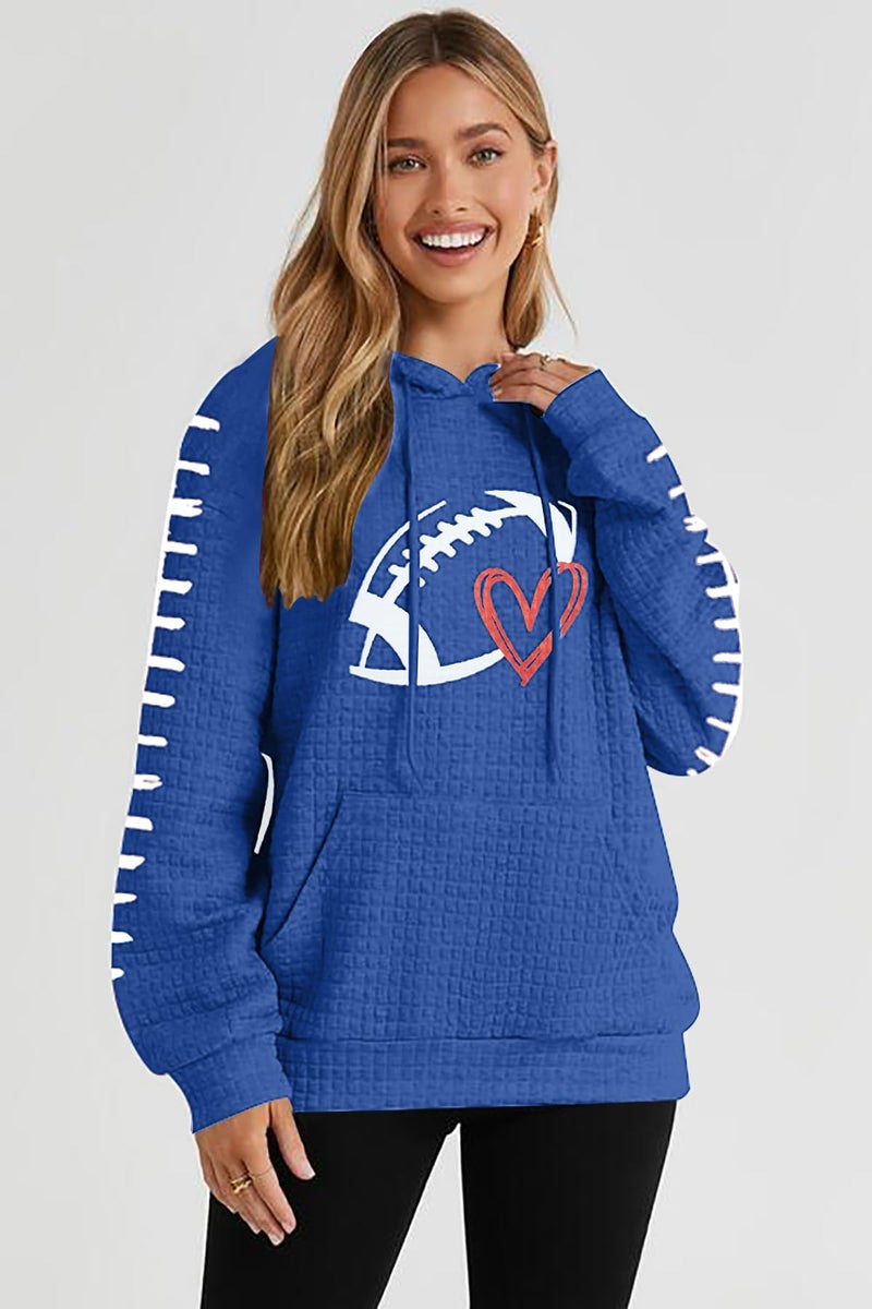 VILOVE Game Day Hooded Sweatshirt Women: Funny Football Graphic Sweatshirt Waffle Knit Game Day Pullover Hoodies Long Sleeve Royal Blue - Image 2