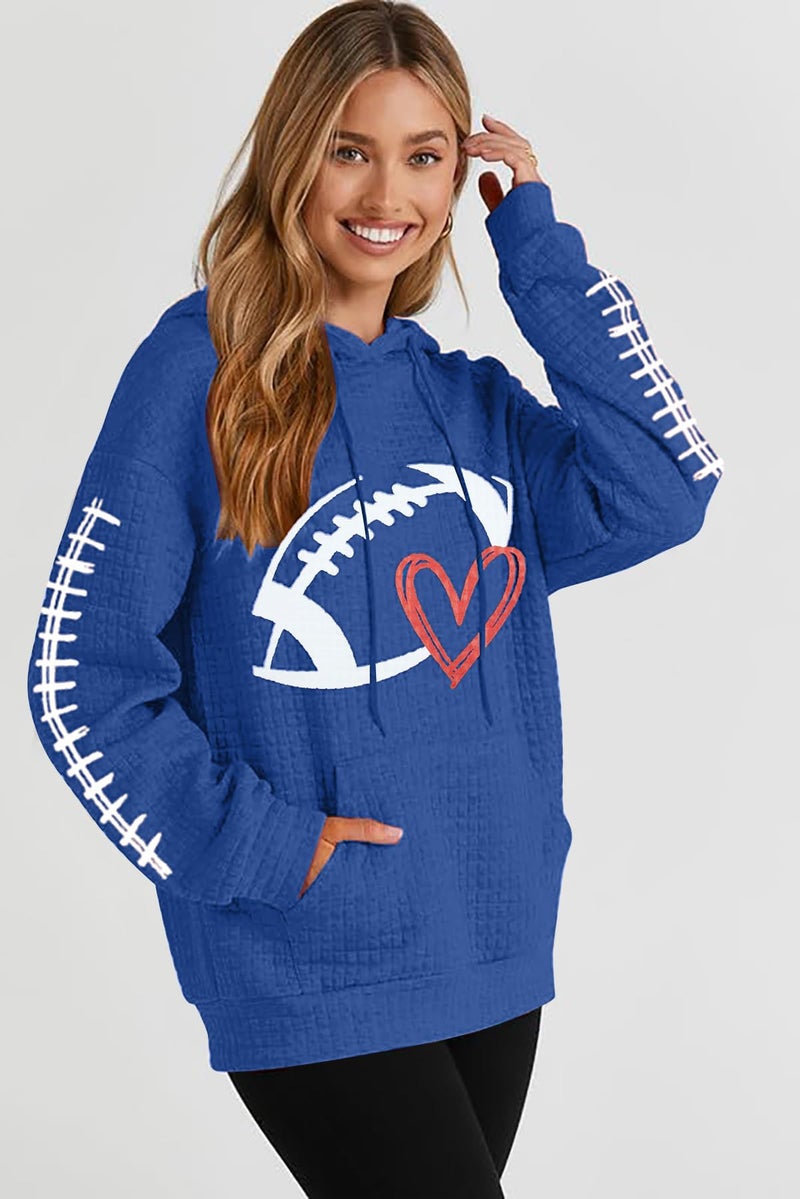 VILOVE Game Day Hooded Sweatshirt Women: Funny Football Graphic Sweatshirt Waffle Knit Game Day Pullover Hoodies Long Sleeve Royal Blue - Image 3