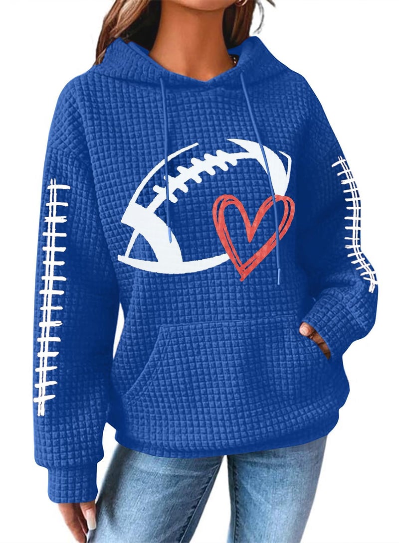 VILOVE Game Day Hooded Sweatshirt Women: Funny Football Graphic Sweatshirt Waffle Knit Game Day Pullover Hoodies Long Sleeve Royal Blue - Image 1