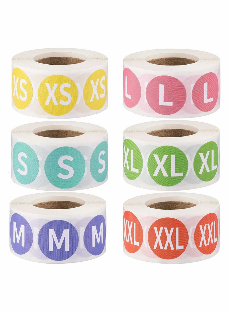 3000 Pieces Clothing Size Sticker Labels, SYOSI 1 Inch Colorful Coded Adhesive Labels Round Clothing Sticker Labels, 6 Rolls, 6 Sizes (XS, S, M, L, XL, XXL) - Image 1