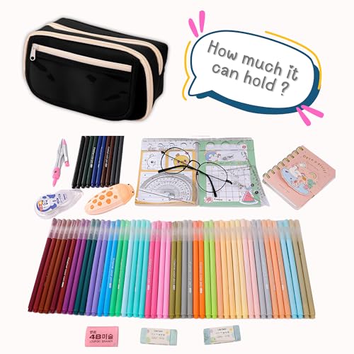 FINEMOE Large Capacity 9-Layer Canvas Pencil Pouch for Girls & Boys, Multipurpose Aesthetic Pouch for Stationery Items, Makeup, Accessories, College Essentials for Students, Gift for Kids (Black) - Image 5