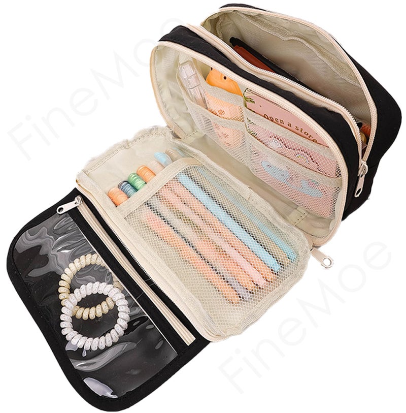 FINEMOE Large Capacity 9-Layer Canvas Pencil Pouch for Girls & Boys, Multipurpose Aesthetic Pouch for Stationery Items, Makeup, Accessories, College Essentials for Students, Gift for Kids (Black) - Image 1