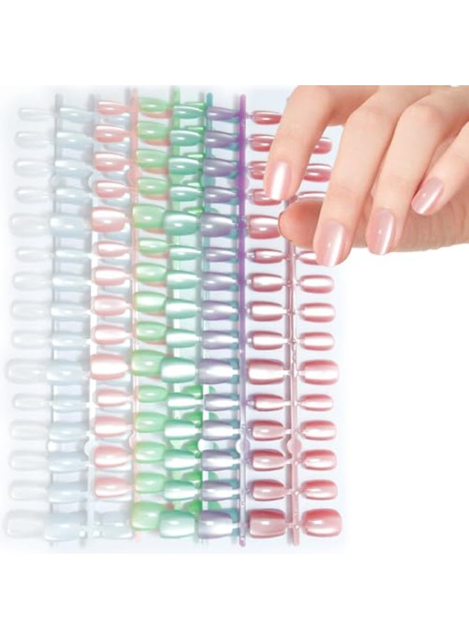 Laza Cat Eye Press on Nails 7 Colors Short Square Reusable Natural Fake Stick on Nails in 15 Sizes for Women Girls with Salon Quality Macaroon Series - Image 1