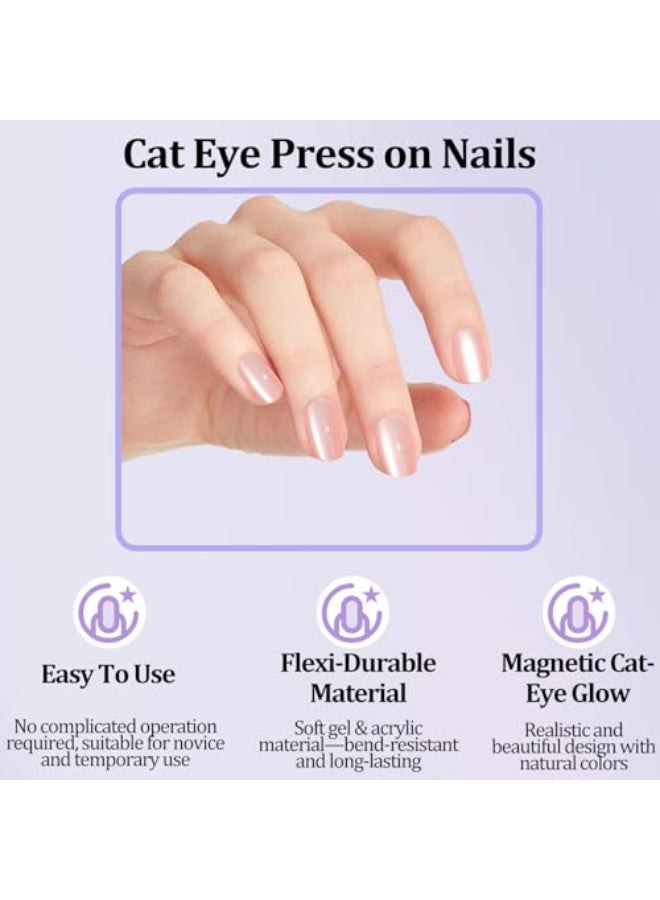 Laza Cat Eye Press on Nails 7 Colors Short Square Reusable Natural Fake Stick on Nails in 15 Sizes for Women Girls with Salon Quality Macaroon Series - Image 3