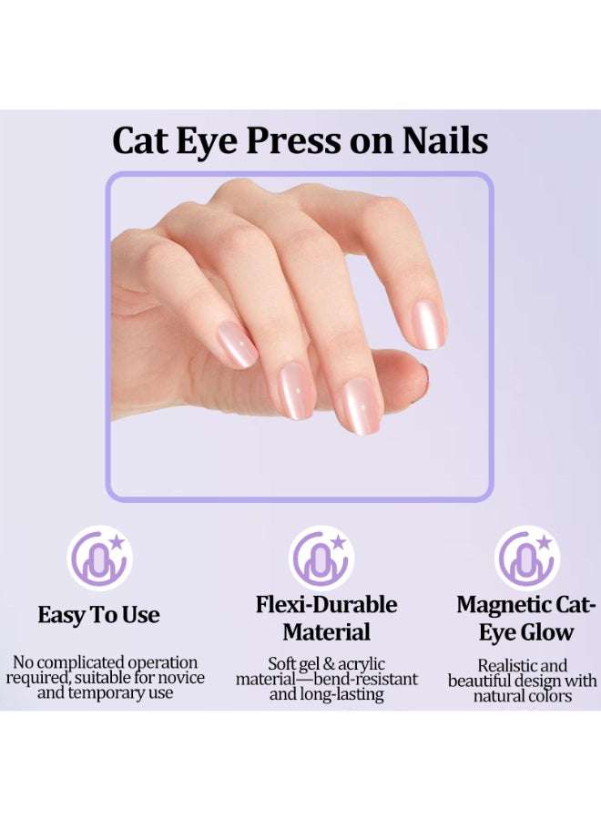 Laza Cat Eye Press on Nails 7 Colors Short Square Reusable Natural Fake Stick on Nails in 15 Sizes for Women Girls with Salon Quality Macaroon Series - Image 4
