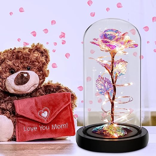 Simxen Mothers Day Roses Gifts for Mom HerWomen Birthday GiftsColorful Rainbow Artificial Flower Rose Light Gift in A Glass DomeLove Gifts Daughter Women Mom Gifts for Mothers DayValentines Gifts - Image 4