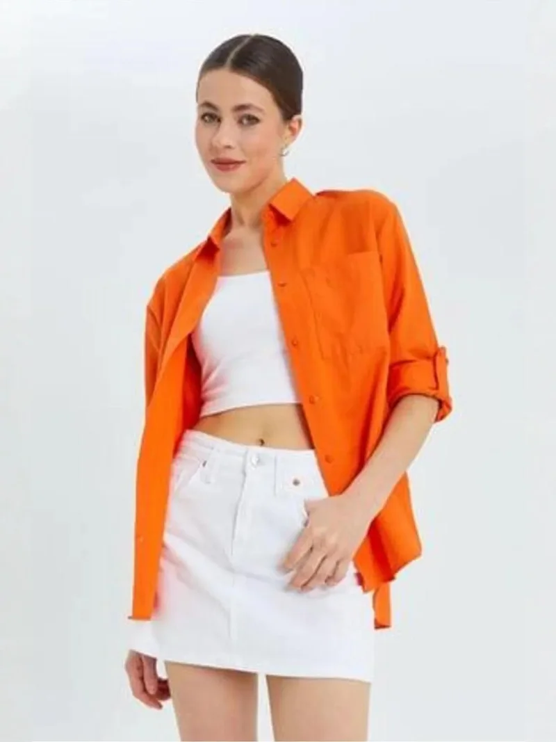 Mixray Pumpkin Orange Mixray Long Sleeve Button-Up Shirt with Pocket for Women | Best Price UAE