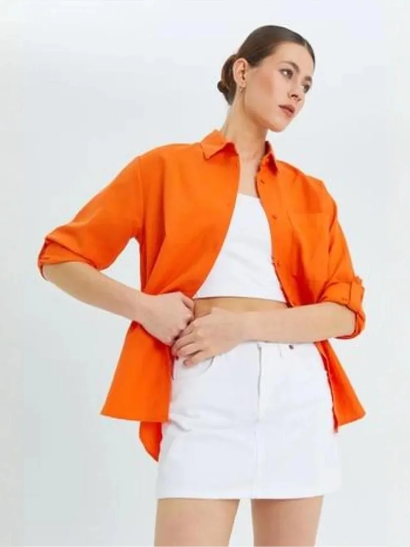 Mixray Pumpkin Orange Mixray Long Sleeve Button-Up Shirt with Pocket for Women | Best Price UAE