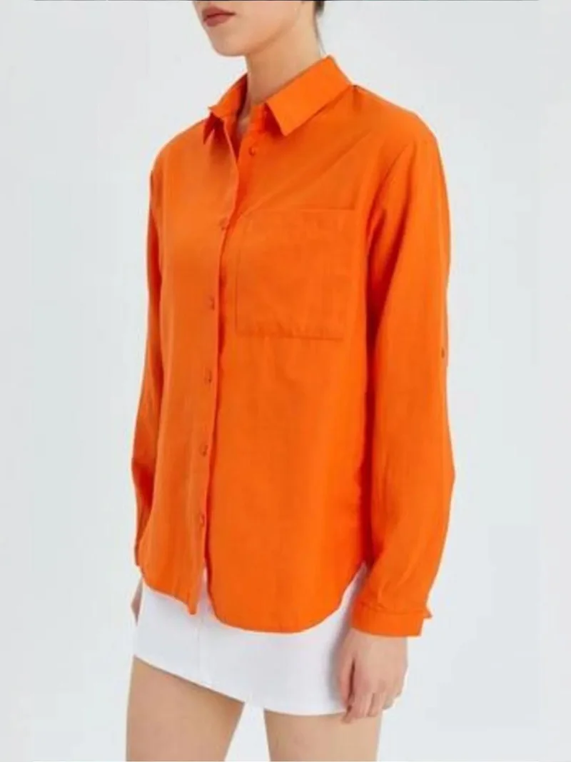 Mixray Pumpkin Orange Mixray Long Sleeve Button-Up Shirt with Pocket for Women | Best Price UAE