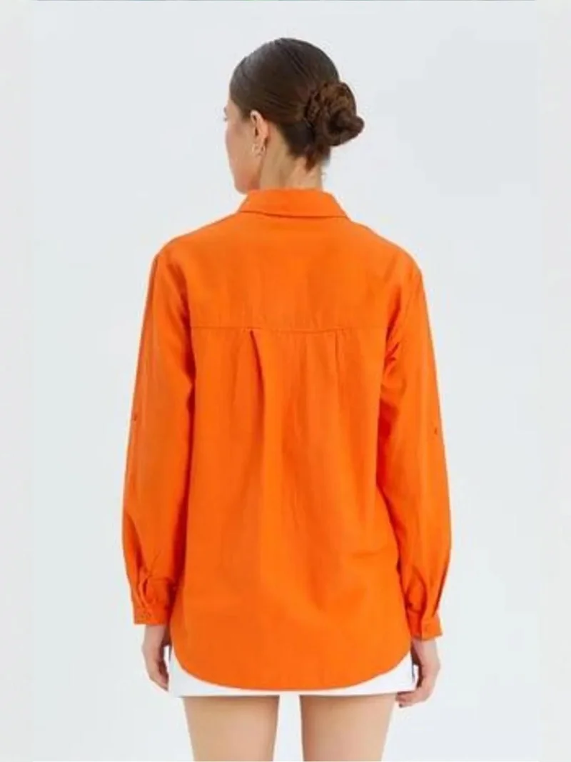 Mixray Pumpkin Orange Mixray Long Sleeve Button-Up Shirt with Pocket for Women | Best Price UAE