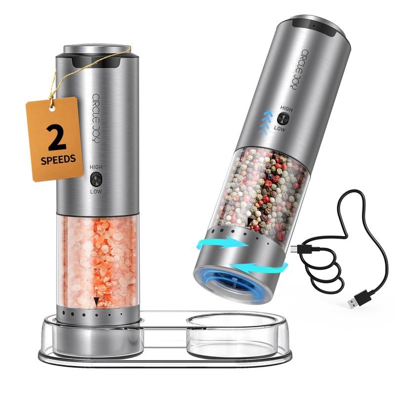 CIRCLE JOY Electric Salt and Pepper Grinder Set Stainless Steel Rechargeable Salt and Pepper Grinder Set Variable Grinding Speed External Adjustable Coarseness Storage Base White LED Light Silver