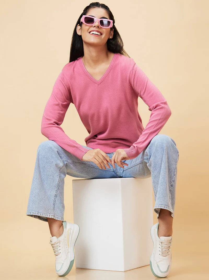 globus Globus Women Pink V-Neck Long Sleeves Acrylic Sweater