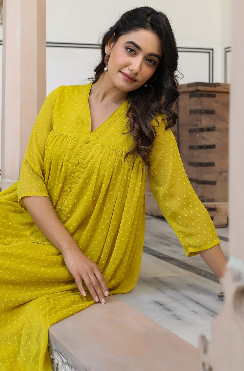 Janasya Women's Mustard Chiffon Self Design Frontslit Kurta (JNE3800-KR-RE-L) - Image 2