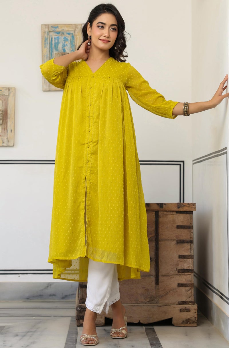Janasya Women's Mustard Chiffon Self Design Frontslit Kurta (JNE3800-KR-RE-L) - Image 5