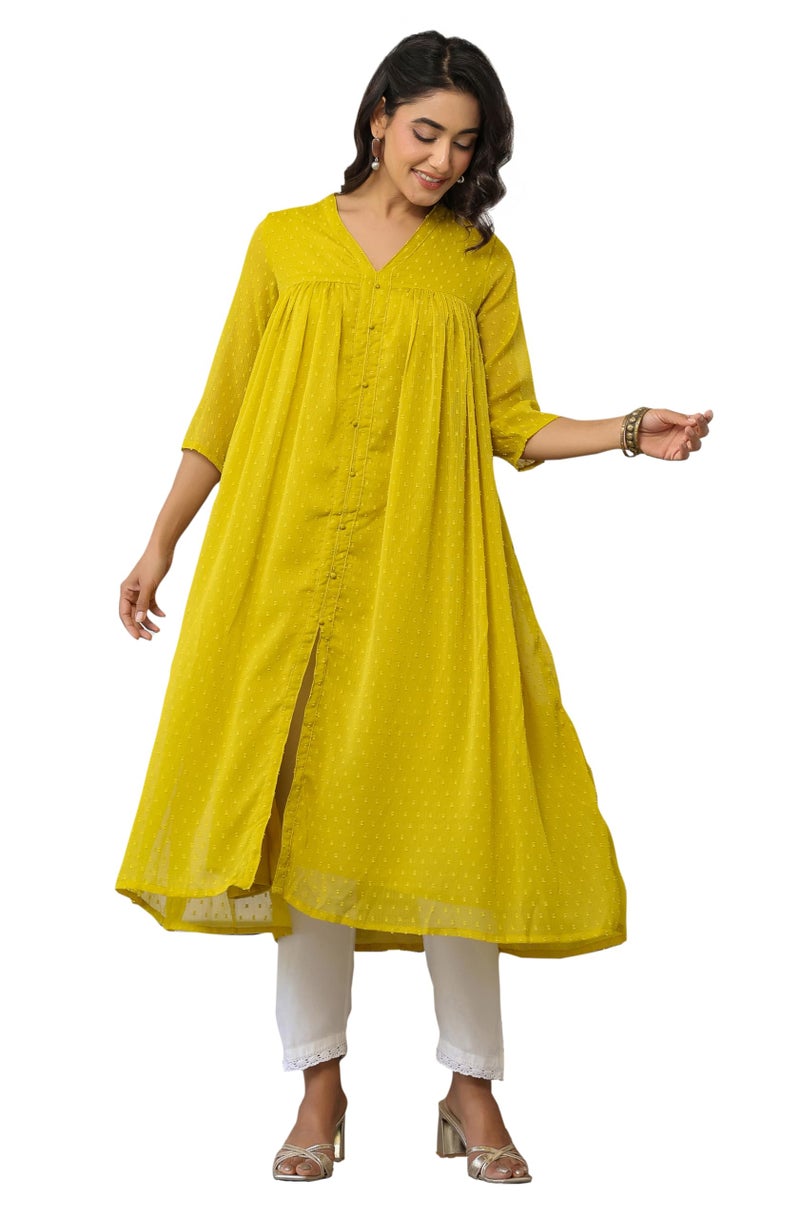 Janasya Women's Mustard Chiffon Self Design Frontslit Kurta (JNE3800-KR-RE-L) - Image 1