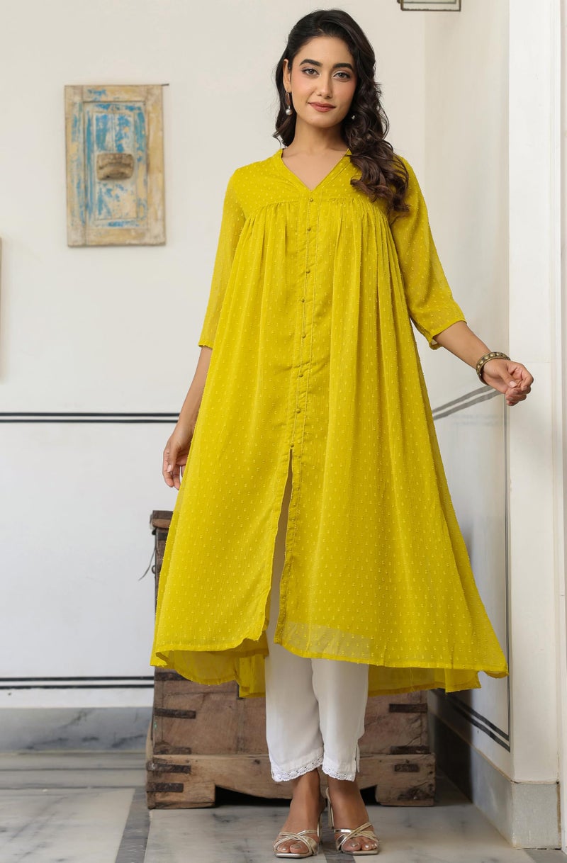 Janasya Women's Mustard Chiffon Self Design Frontslit Kurta (JNE3800-KR-RE-L) - Image 3