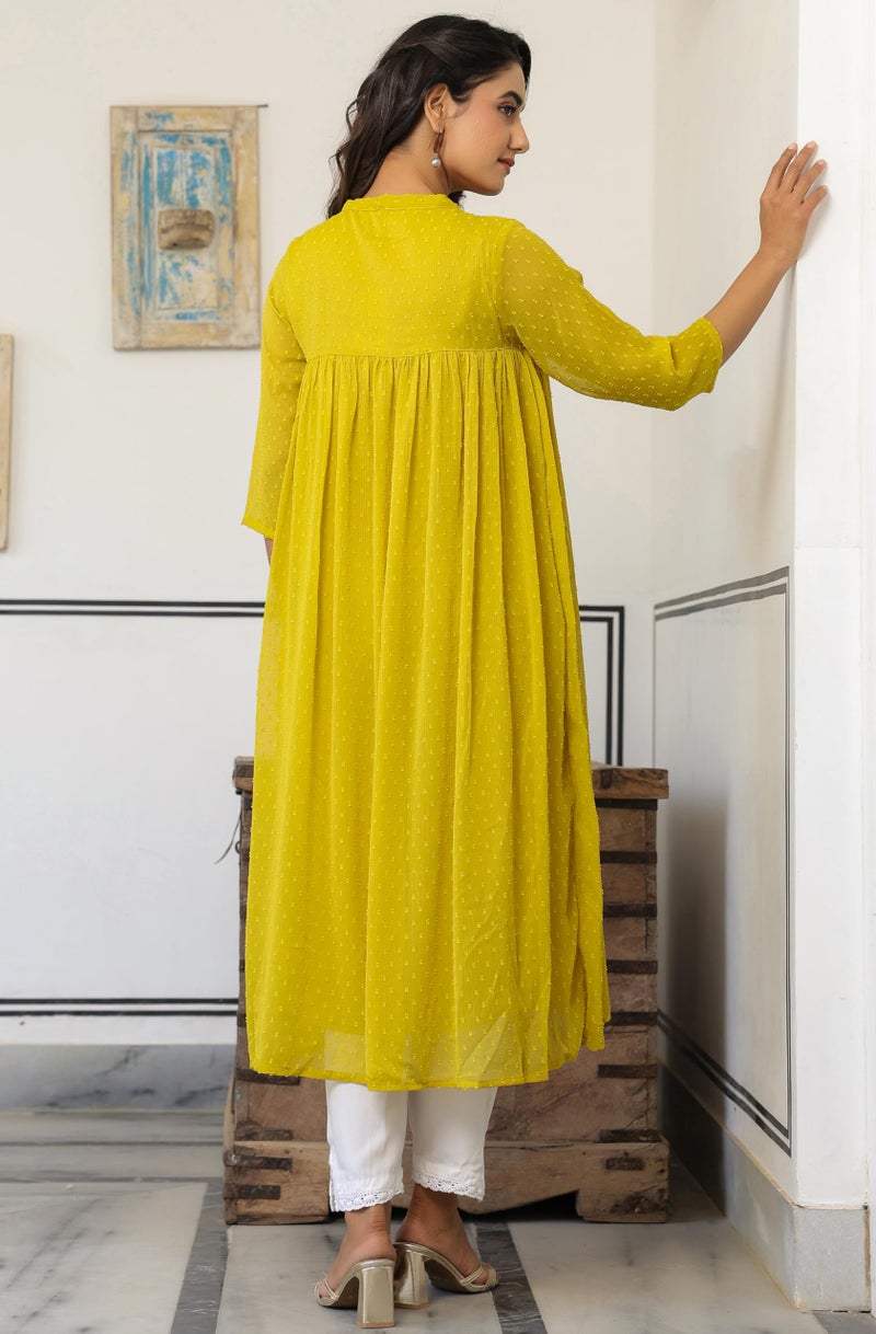 Janasya Women's Mustard Chiffon Self Design Frontslit Kurta (JNE3800-KR-RE-L) - Image 4