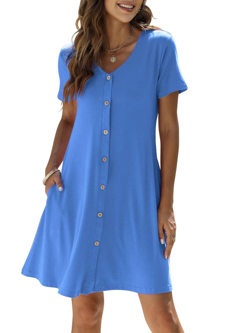 Manydress Women's Summer Casual T Shirt Short Sleeve Button Down Swing Dress with Pockets MY035 (Sky Blue, XL) - Image 1