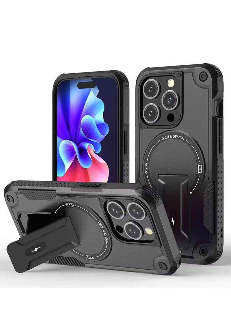 SOKAD Magnetic for iPhone 16 Pro Max Case with Stand. [Compatible with MagSafe] Built-in Kickstand, Rugged Protection Heavy Duty Shockproof Case (Black) - Image 1