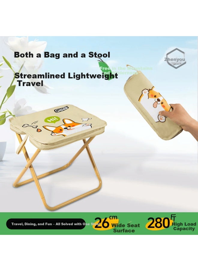 Grsaed Outdoor Folding Stool Portable Small Stool Storage Handbag Fishing Chair Pocket Folding Cartoon Dog Beige - Image 2