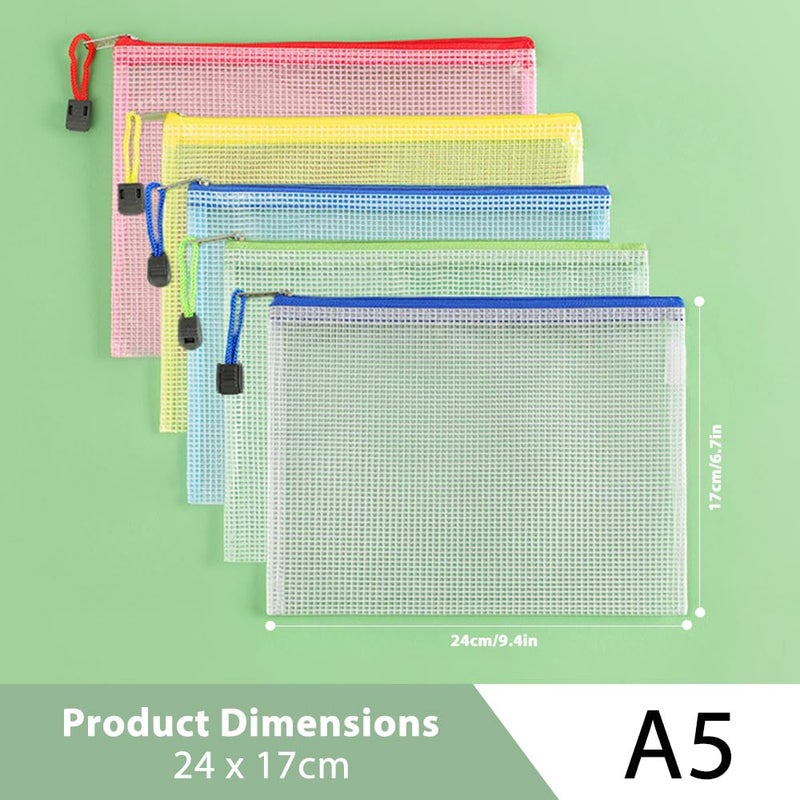 MIETONG A5 Plastic Zip Wallets Folders - 5PCS Document Folder File Zipper Bags Document Wallet Ziplock Bags Travel Storage Pouch Mesh Zip Folders for School Office Supplies and Travel Accessories - Image 2