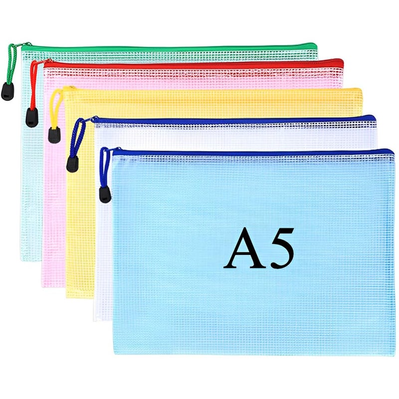 MIETONG A5 Plastic Zip Wallets Folders - 5PCS Document Folder File Zipper Bags Document Wallet Ziplock Bags Travel Storage Pouch Mesh Zip Folders for School Office Supplies and Travel Accessories - Image 1
