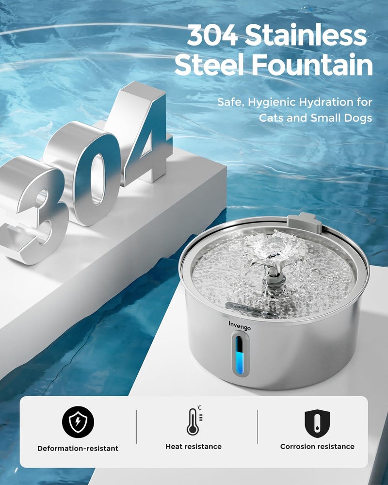 Invengo Cat Water Fountain Stainless Steel 3.2L/108oz, Automatic Pet Fountain for Cats & Dogs, Ultra Quiet <25 dB Pump, LED Water Level Window, Easy to Clean - Image 2