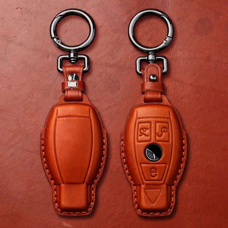 Tukellen for Mercedes Benz Key fob Cover Genuine Leather with Keychain,Leather Key case Protector Compatible C E M S CLS CLK GLK GLC G AMG Series Smart Remote Key,Brown - Image 2