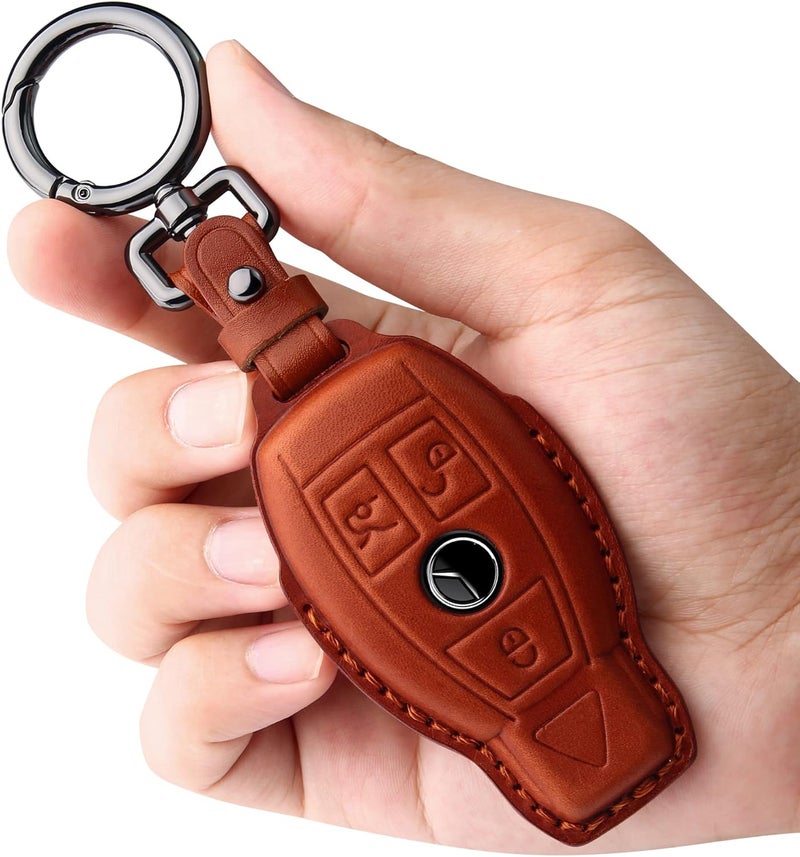 Tukellen for Mercedes Benz Key fob Cover Genuine Leather with Keychain,Leather Key case Protector Compatible C E M S CLS CLK GLK GLC G AMG Series Smart Remote Key,Brown - Image 1