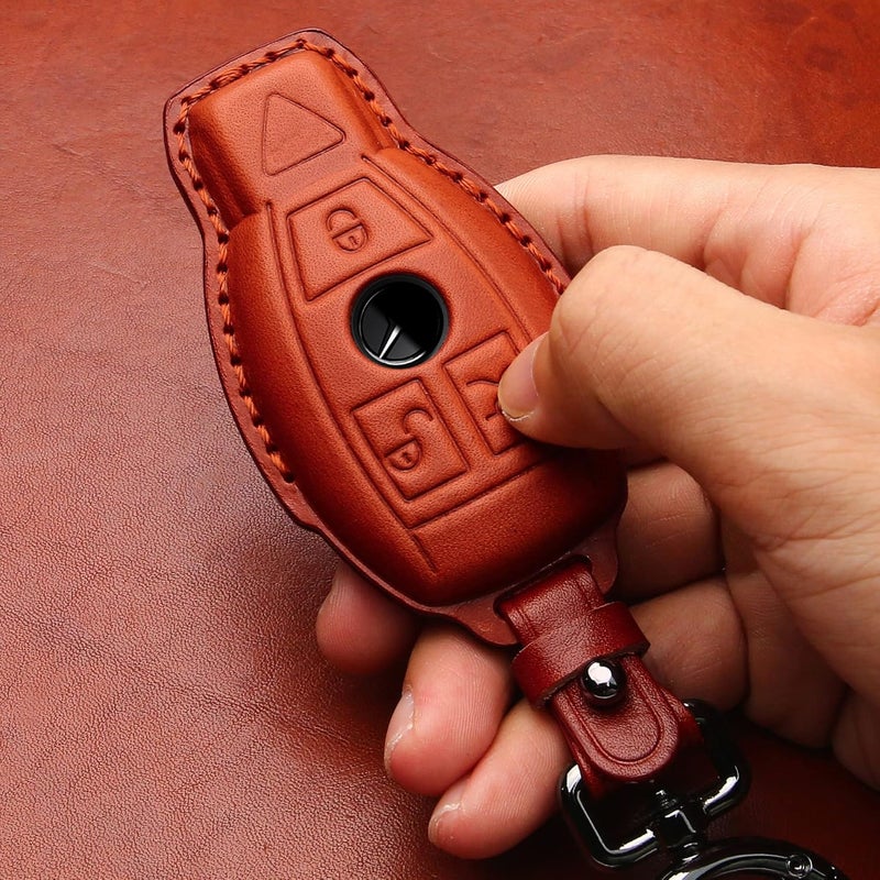 Tukellen for Mercedes Benz Key fob Cover Genuine Leather with Keychain,Leather Key case Protector Compatible C E M S CLS CLK GLK GLC G AMG Series Smart Remote Key,Brown - Image 5