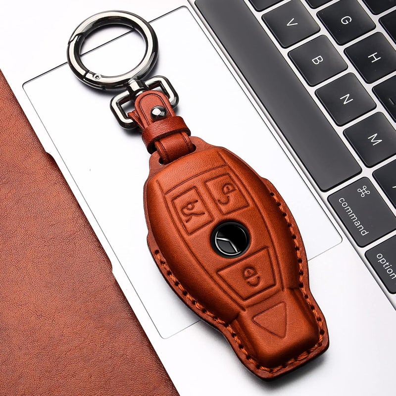 Tukellen for Mercedes Benz Key fob Cover Genuine Leather with Keychain,Leather Key case Protector Compatible C E M S CLS CLK GLK GLC G AMG Series Smart Remote Key,Brown - Image 4