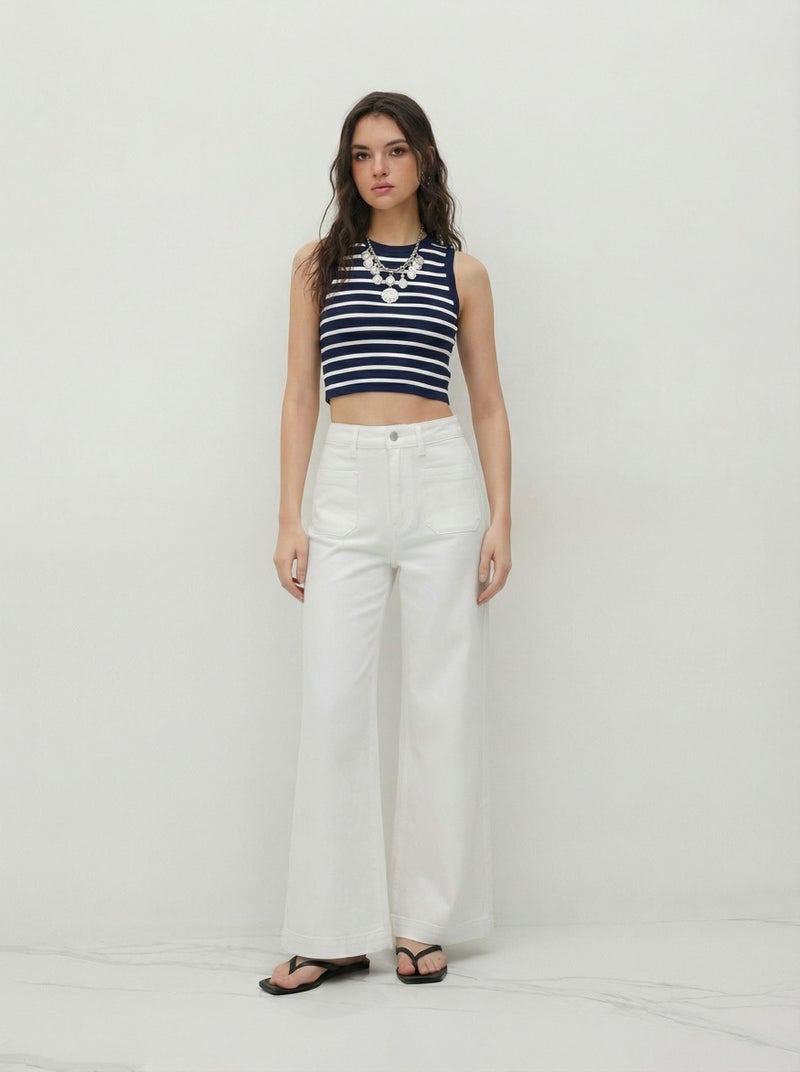 CIDER Womens Wide Leg Jeans High Waisted Stretchy Denim Flared Pants with Pockets: White, L - Image 2