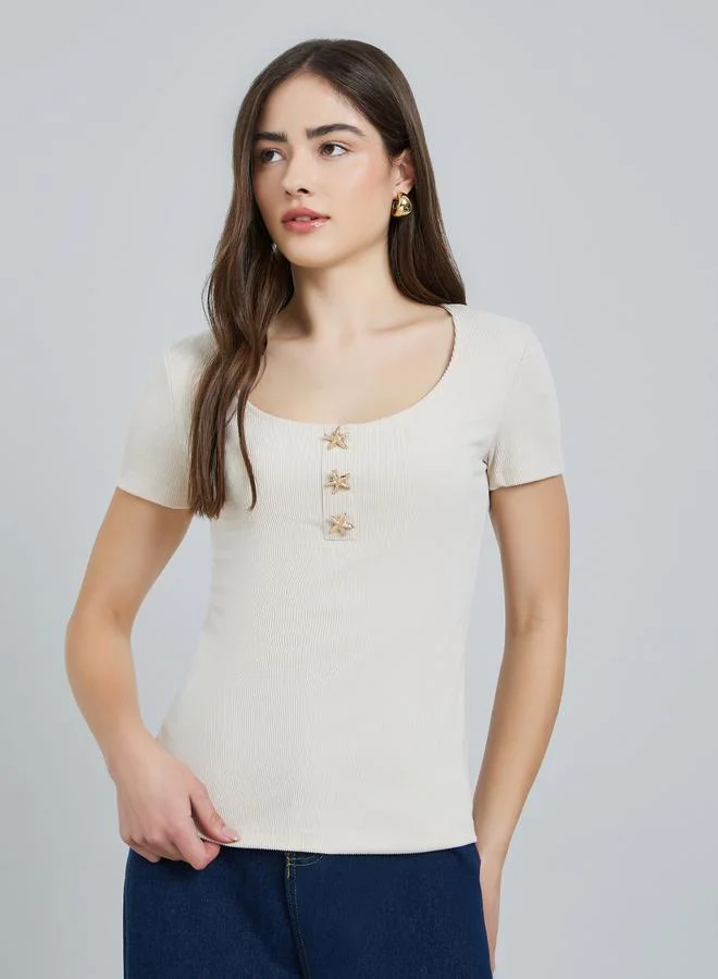 Styli Beige Ribbed Scoop Neck T-Shirt with Star Buttons