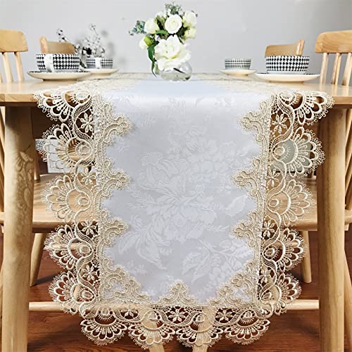BrekSdat Rectangle Table Runner Beige Embroidered Lace 16 x 35 Inches Wedding Dining Table Dresser Scarf with Carnation Lace Fabric Washable for Kitchen Coffee End - Image 2