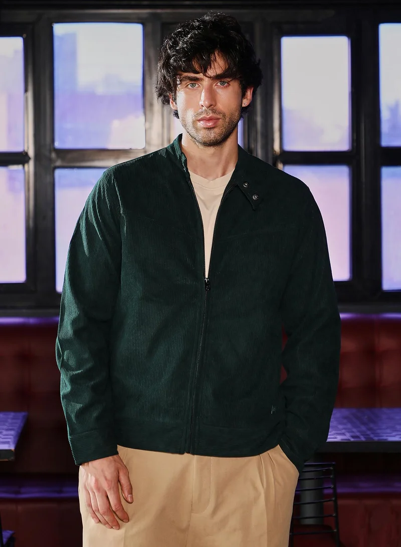 Campus Sutra Men Corduroy Rider Jacket | Band Collar, Long Button Cuff Sleeves | Zipper , Straight Hem | Solid Textured | Woven Fabric For Casual & Daily Wear | Emerald Green