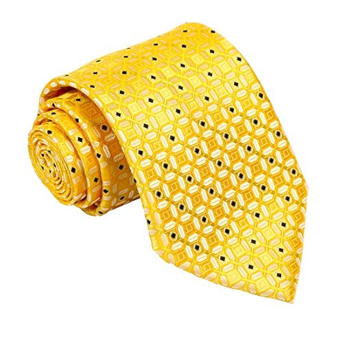 fortunatever Yellow Men's Handmade Tie,Checkered Pattern Necktie With Black Dots(58") - Image 1