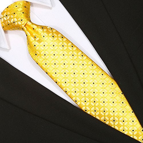 fortunatever Yellow Men's Handmade Tie,Checkered Pattern Necktie With Black Dots(58") - Image 2