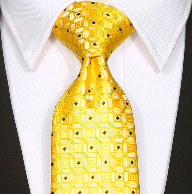 fortunatever Yellow Men's Handmade Tie,Checkered Pattern Necktie With Black Dots(58") - Image 3