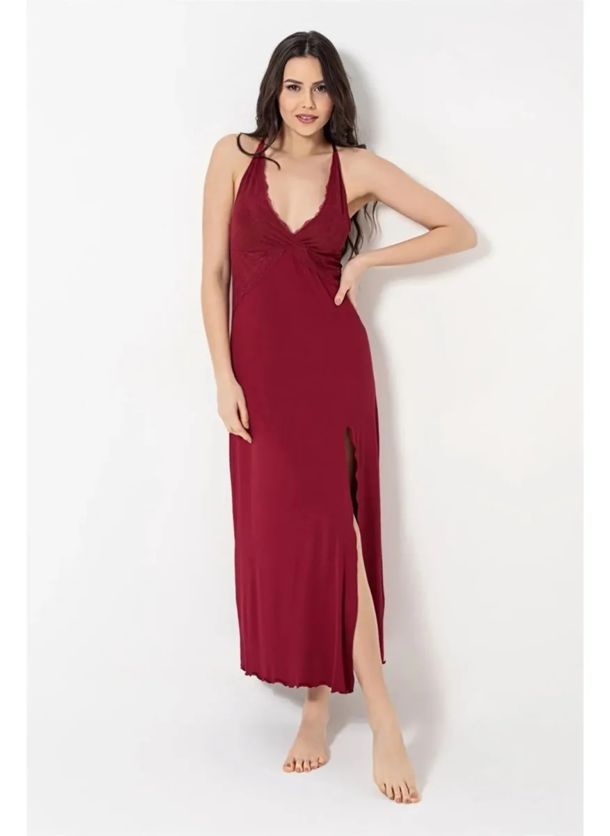 Monamise 18491 Women's Rope Strap Chest and Back Low-cut Lace Slit Nightgown - Red