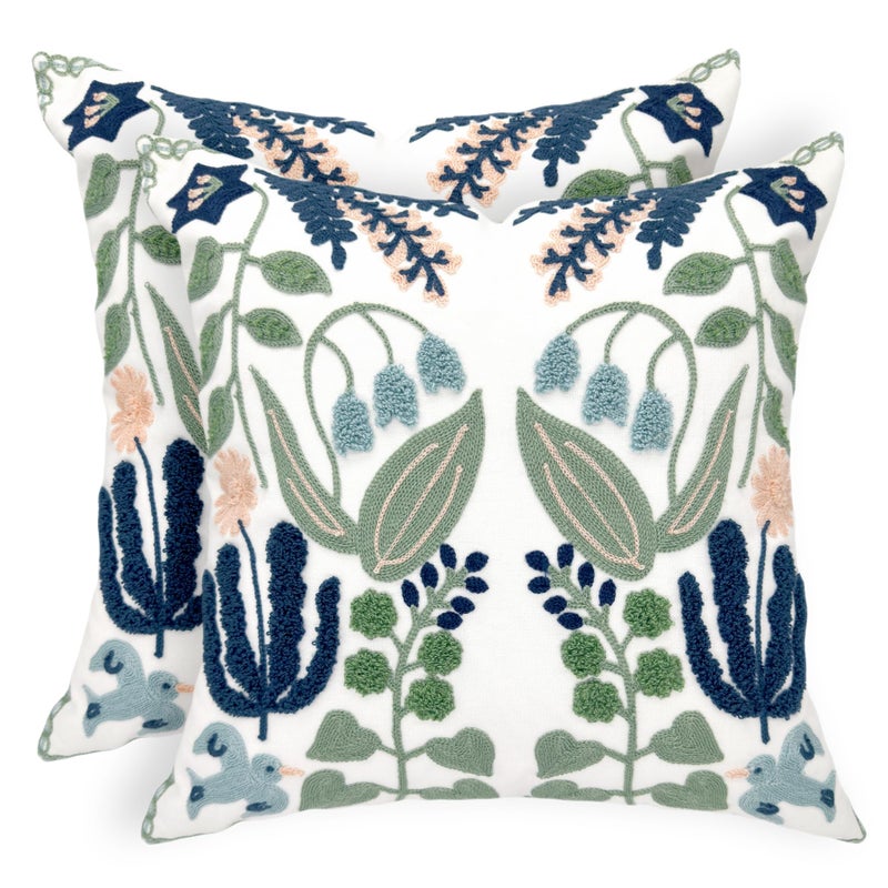Alysheer Floral Embroidered Spring Decorative Throw Pillow Covers 20"x 20" Set of 2, Farmhouse Cottage Navy Blue Green Flowers Leaves Knit Pattern Cotton Canvas Cushion Case for Couch Bed Living Room - Image 1