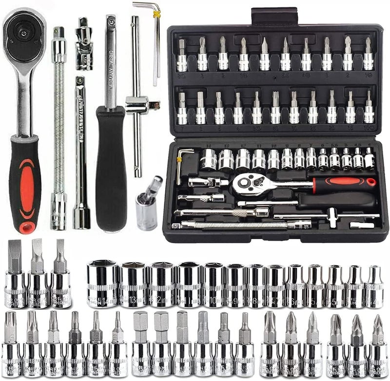 HELLARO 46 in 1 Pcs Tool Kit & Screwdriver & 1/4'' Square Drive Metric Socket Set Extension Bar and Adapter for Bike, Car Repairs (46-Pieces) - Image 1