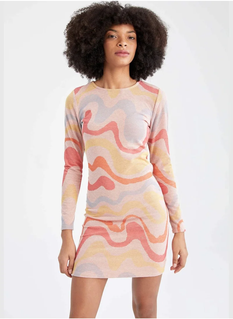 ديفاكتو Slim Fit Long Sleeve Colour Block Printed Mini Dress