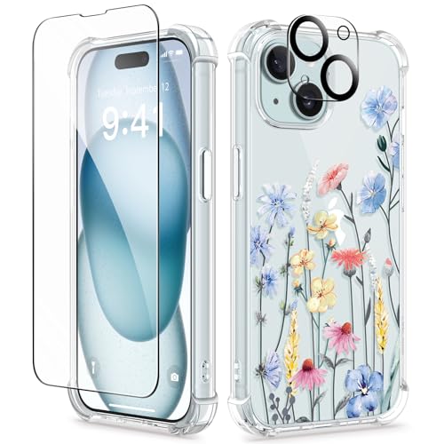 GVIEWIN for iPhone 15 Case Floral, with Screen Protector&Camera Lens Protector,[Non Yellowing] Soft Shockproof Clear Phone Protective Cover for Women, Flower Pattern Design 6.1" (Aconite/Light Blue) - Image 1