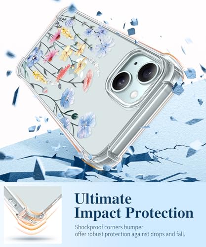 GVIEWIN for iPhone 15 Case Floral, with Screen Protector&Camera Lens Protector,[Non Yellowing] Soft Shockproof Clear Phone Protective Cover for Women, Flower Pattern Design 6.1" (Aconite/Light Blue) - Image 4